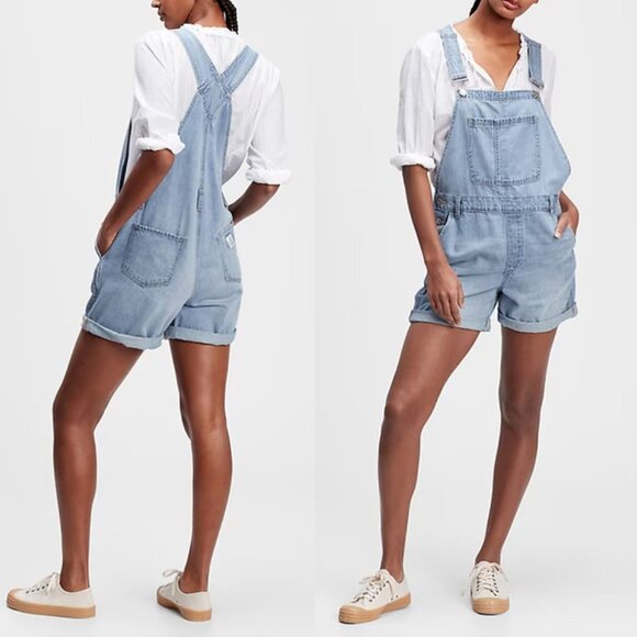 GAP Light Blue Jean Shorts Overalls - Picture 2 of 16